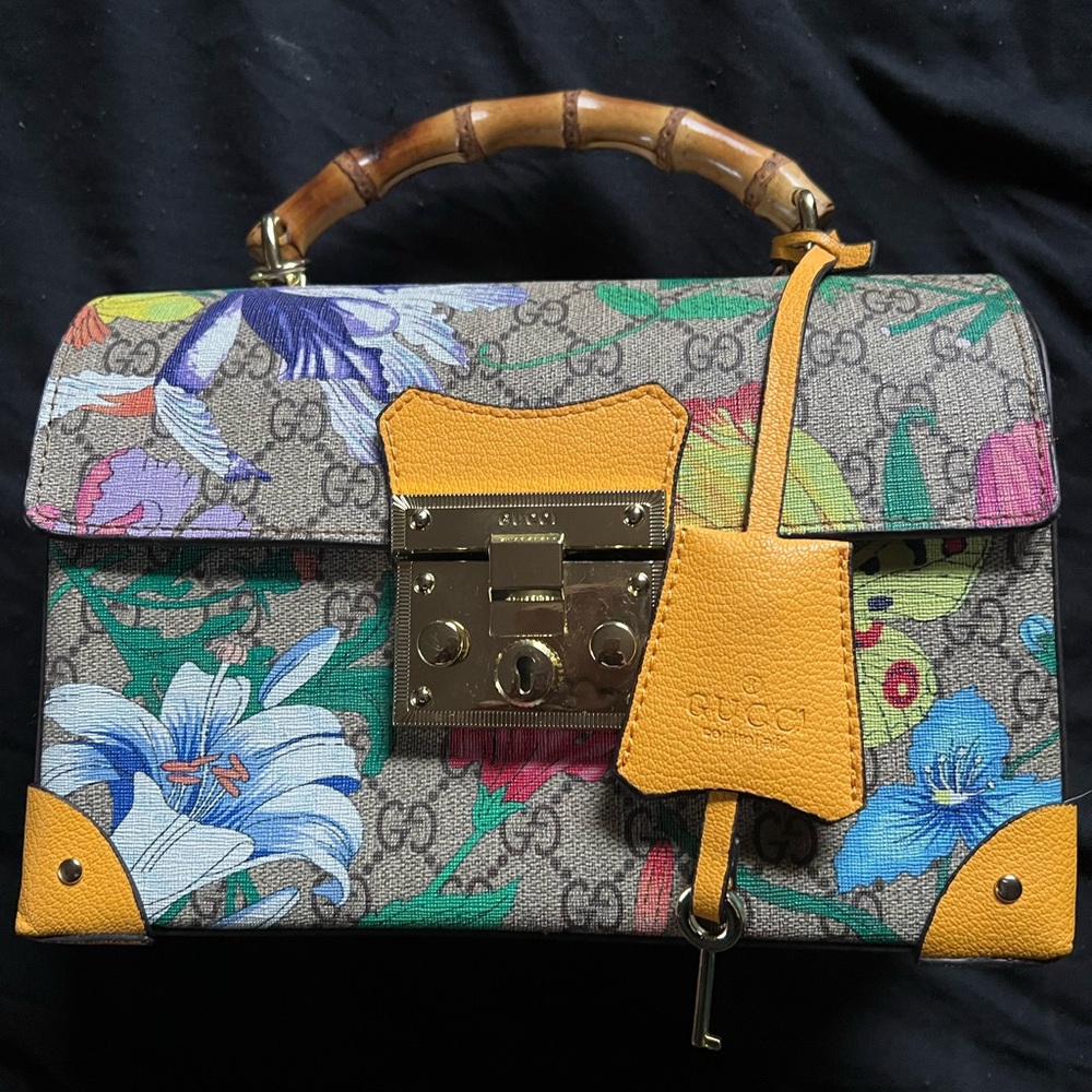 Gucci Gold Satchel with Bamboo Handle and Floral Print